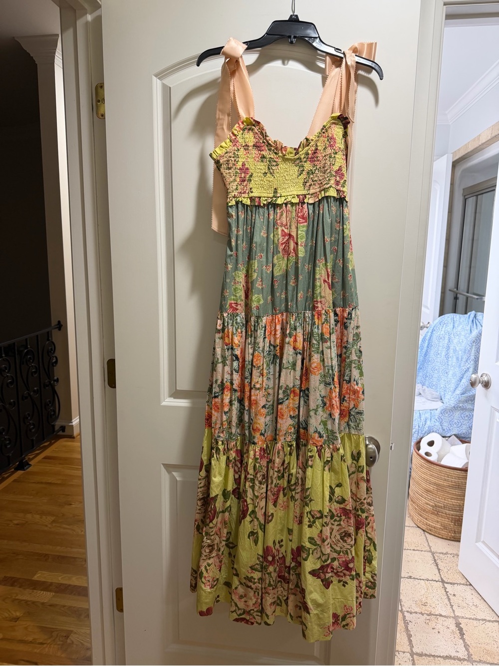 Free People Floral Tiered Maxi Dress in Sage and Peach